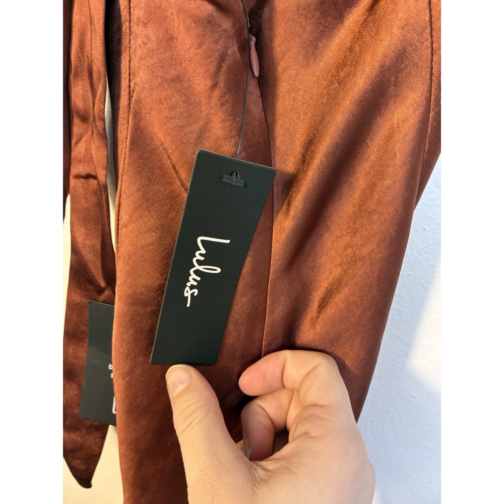 NEW! Lulus Satin Halter Maxi Dress Sz XS Brown Event Prom High Slit Open Back - Picture 6 of 11